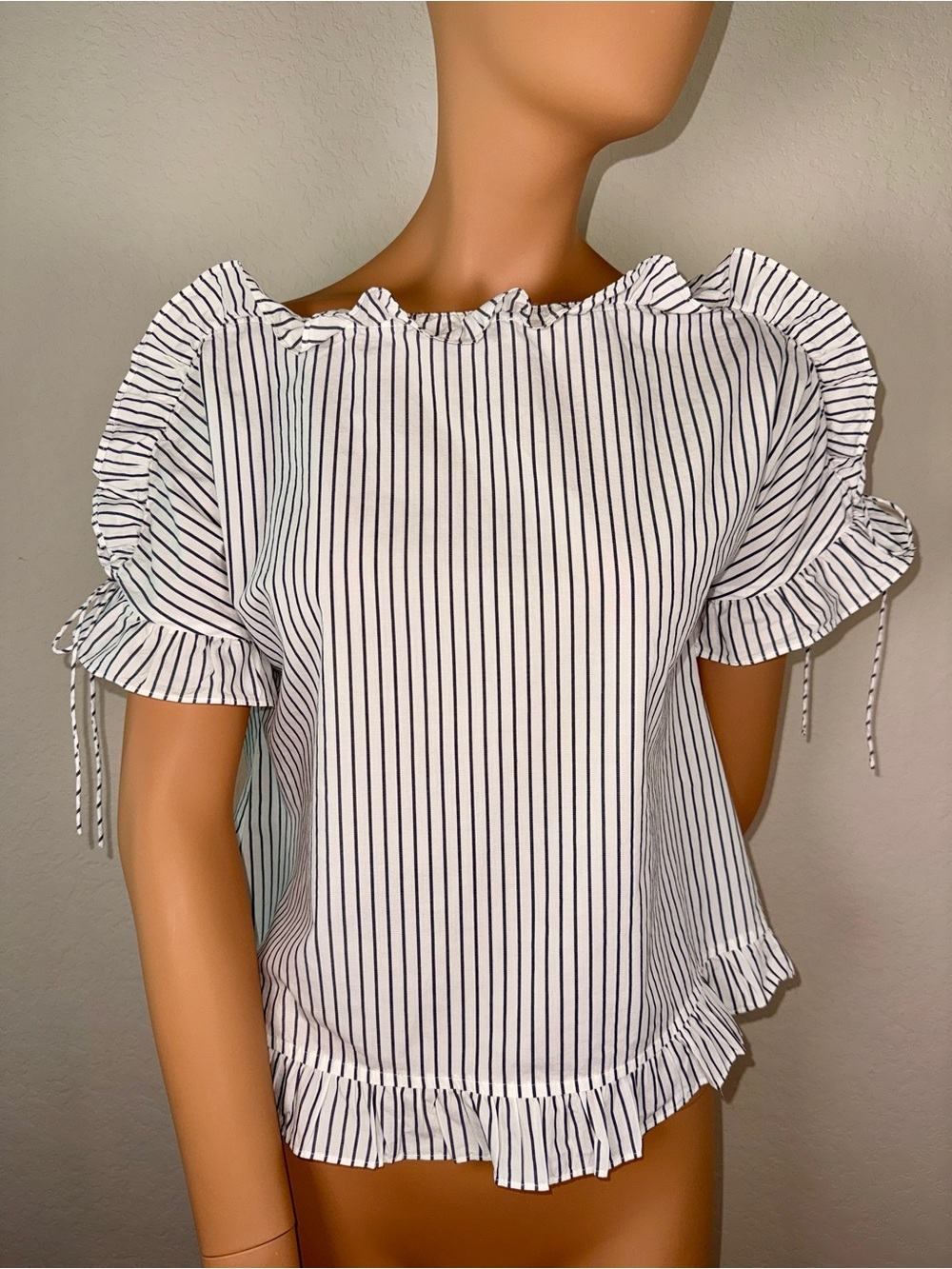 Madewell Stripe Ruffle Sleeve Lace-Up Back Top XS White Blue Cotton Blouse